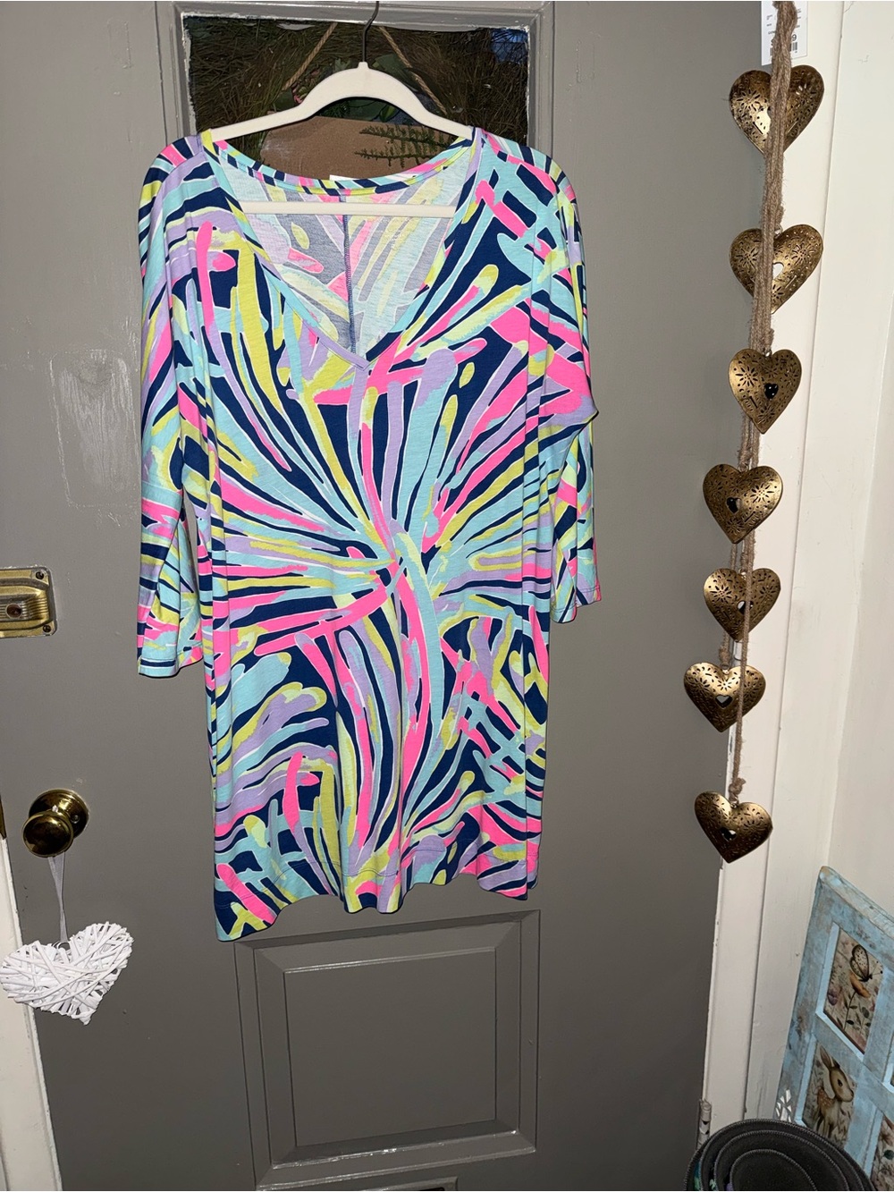 Lilly Pulitzer Neon Palm-Print V-Neck Dress/Coverup- Navy, Pink, Lt. Blu & Lilac